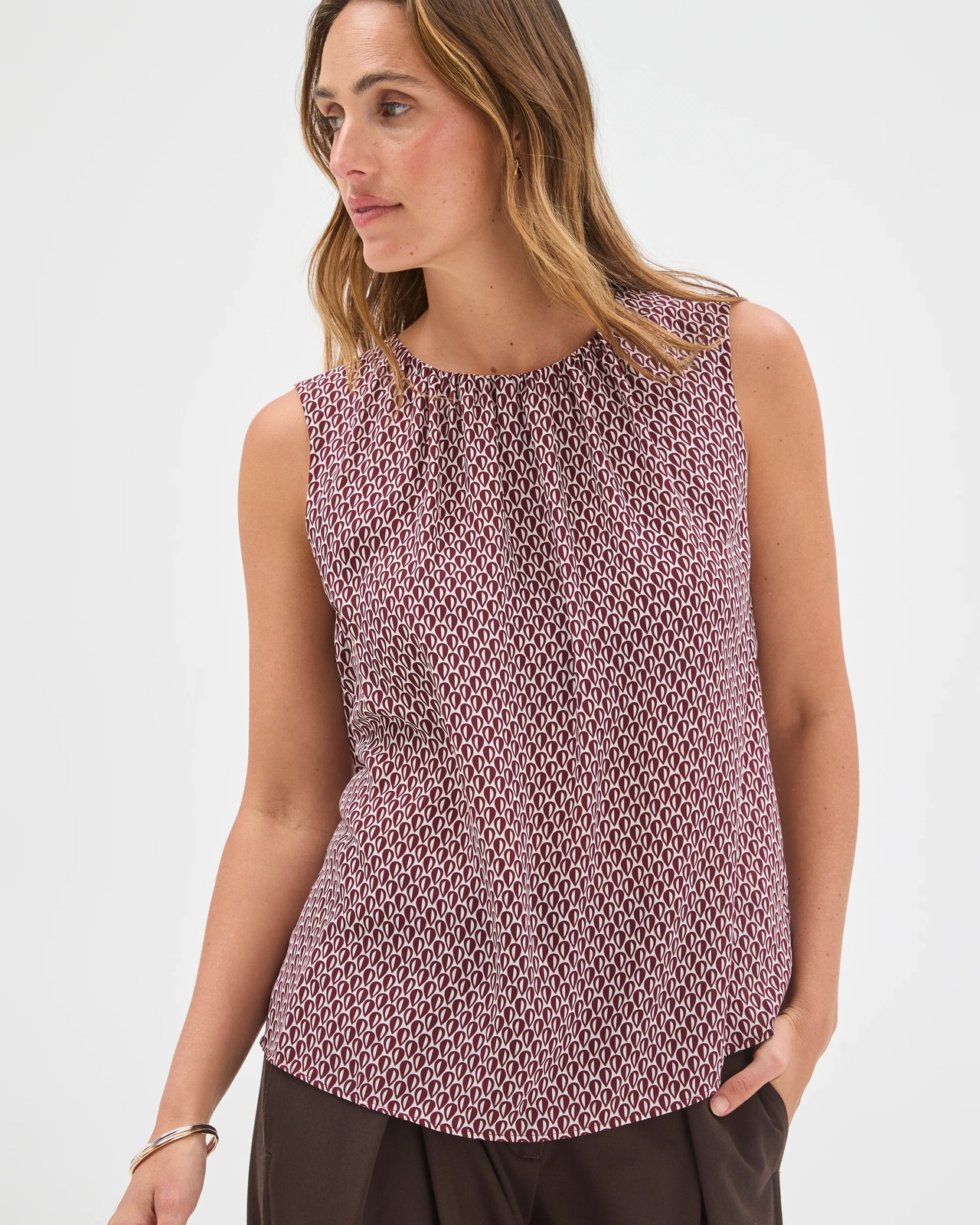 Preview Sleeveless Gathered Neck Blouse - Sangria Geo 4 of 5