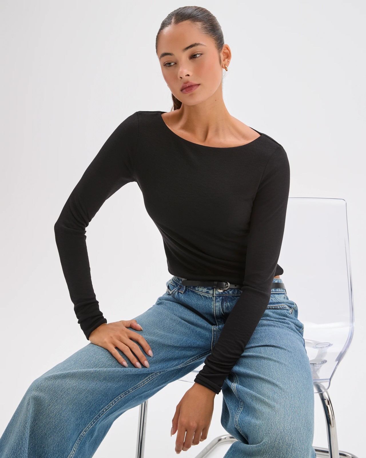 Lily Loves Double Layer Boat Neck Long Sleeve Top - Black 3 of 5