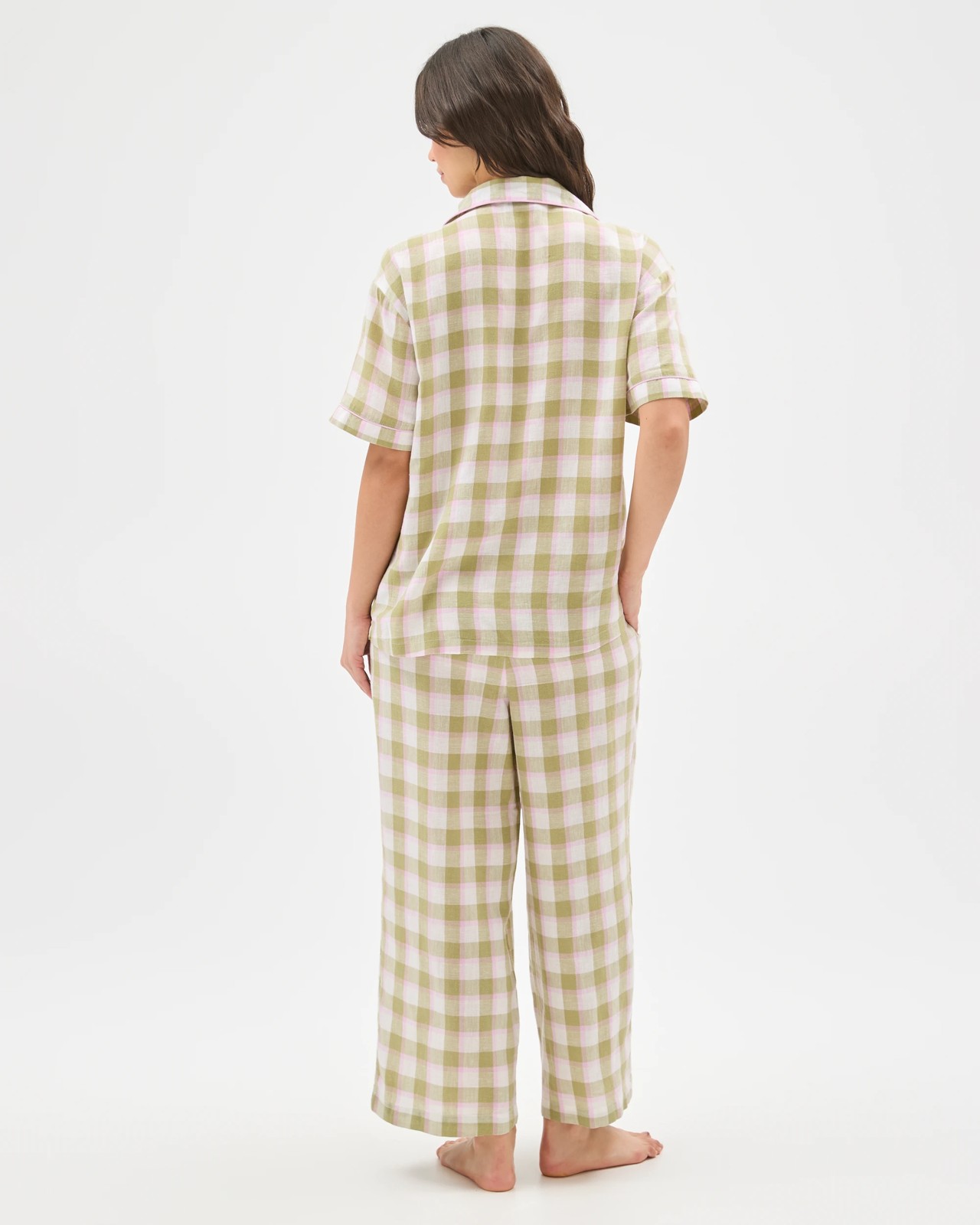 Linen Blend 7/8 Length Pyjama Set - Green Check 6 of 6