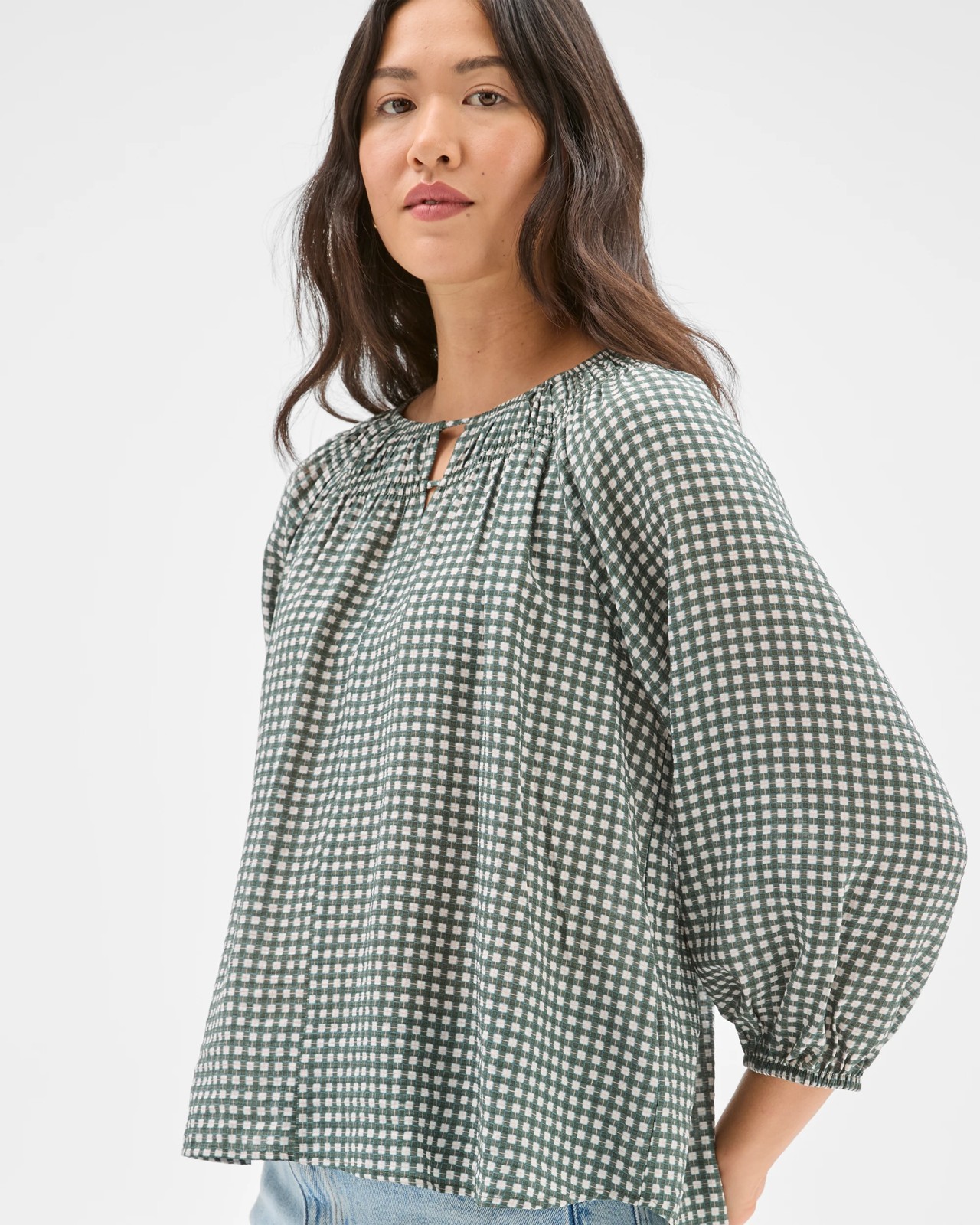 3/4 Sleeve Neck Detail Blouse - Oregano Check 5 of 5