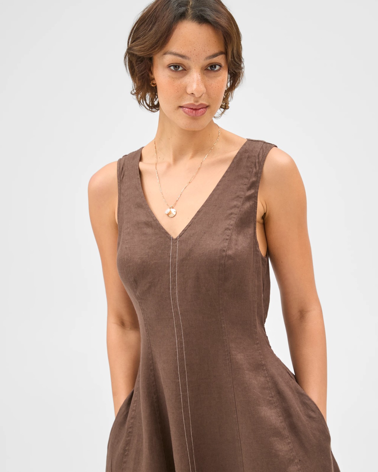 European Linen Sleeveless Seamed Midi Dress 5 of 5