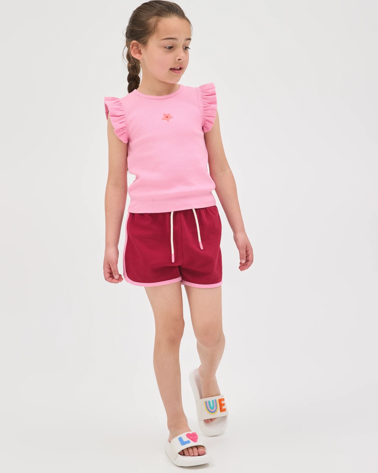 Australian Cotton Ruffle Sleeve Rib Tank Top - Pink Embroidery 2 of 6