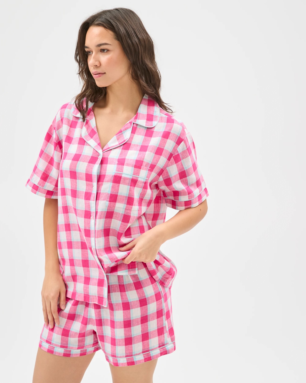 Linen Blend Short Pyjama Set - Hot Pink 4 of 6