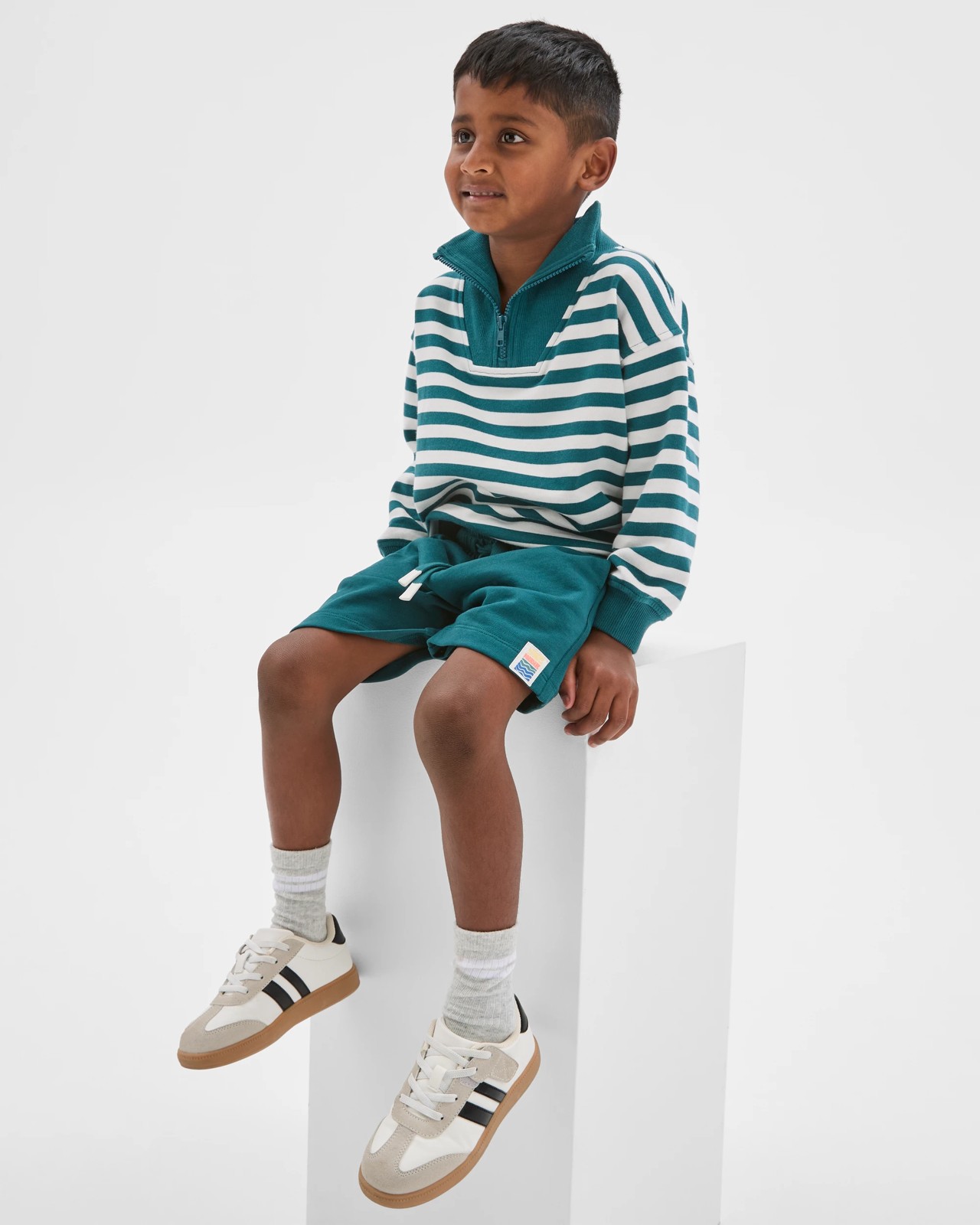 Australian Cotton 1/4 Zip Jumper & Shorts 2 Piece Set  - Green Stripe 4 of 5