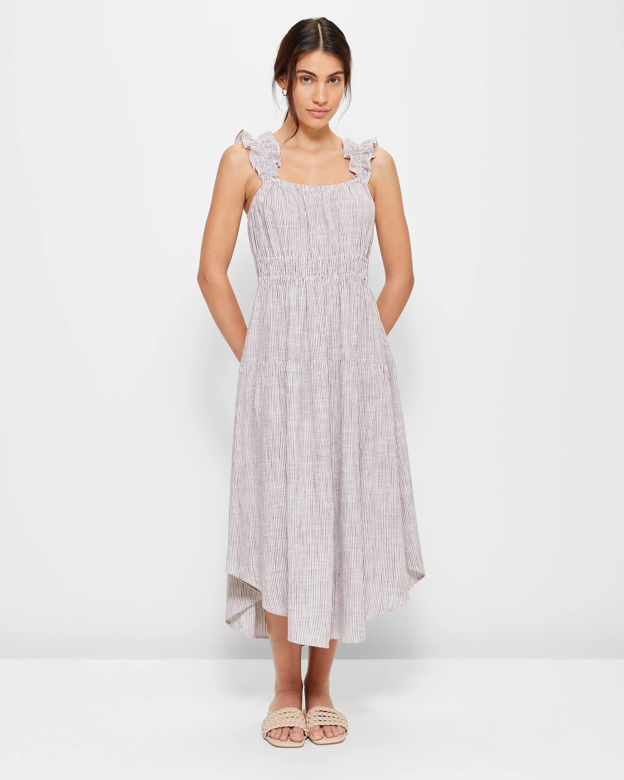 Linen Blend Ruffle Strap Midi Dress