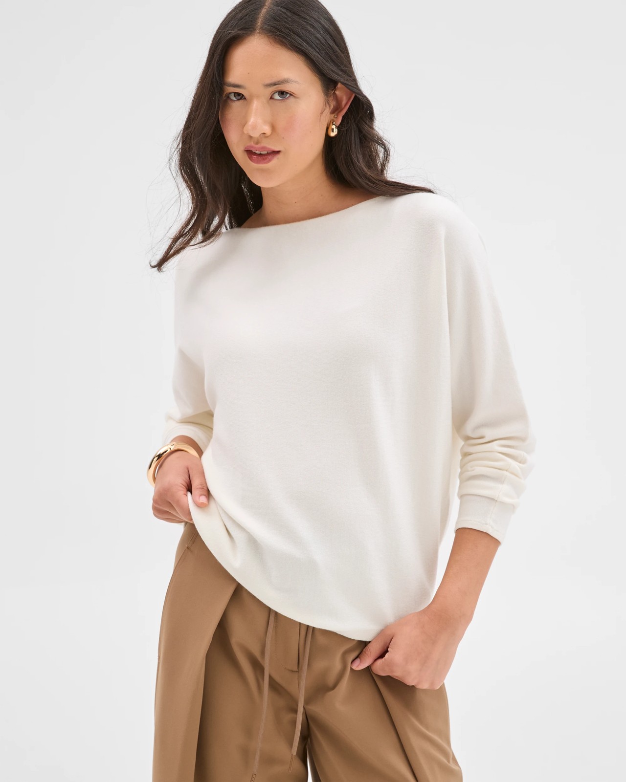 Preview Dolman Sleeve Boat Neck Knit Sweater - Cloud Dancer 2 of 6