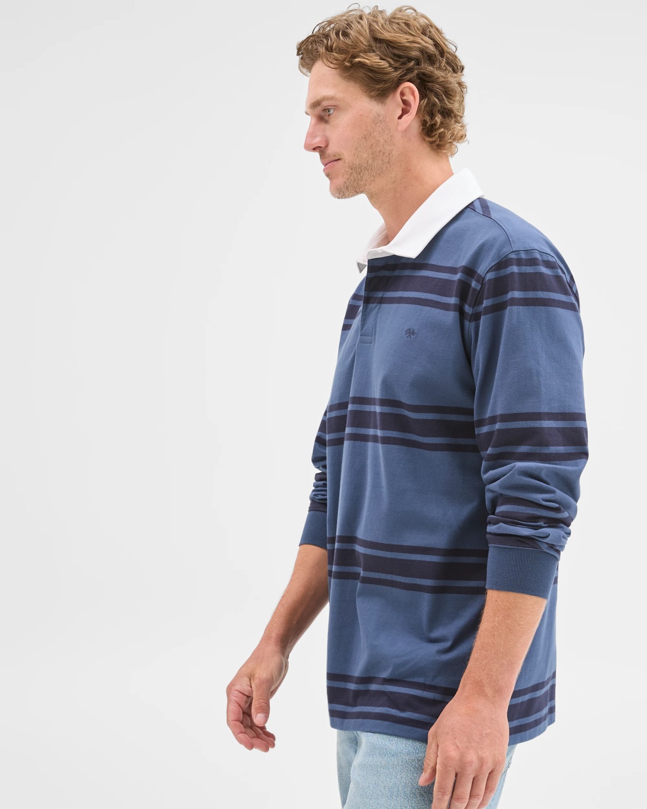 Australian Cotton Long Sleeve Rugby Polo Top - Denim Stripe 5 of 5