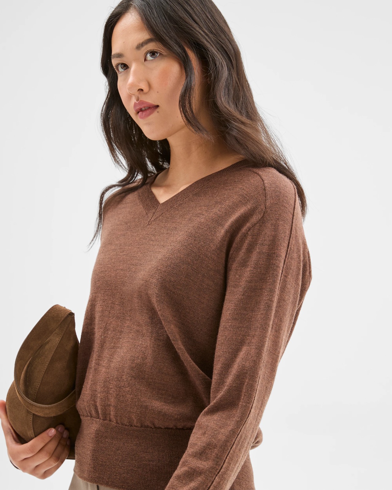 Preview Australian Merino Wool Long Sleeve V-Neck Knit Top - Caramel Brown Marle 3 of 5