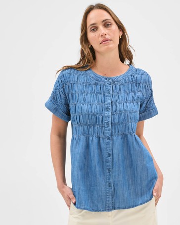 Cotton Blend Short Sleeve Shirred Button Through Top