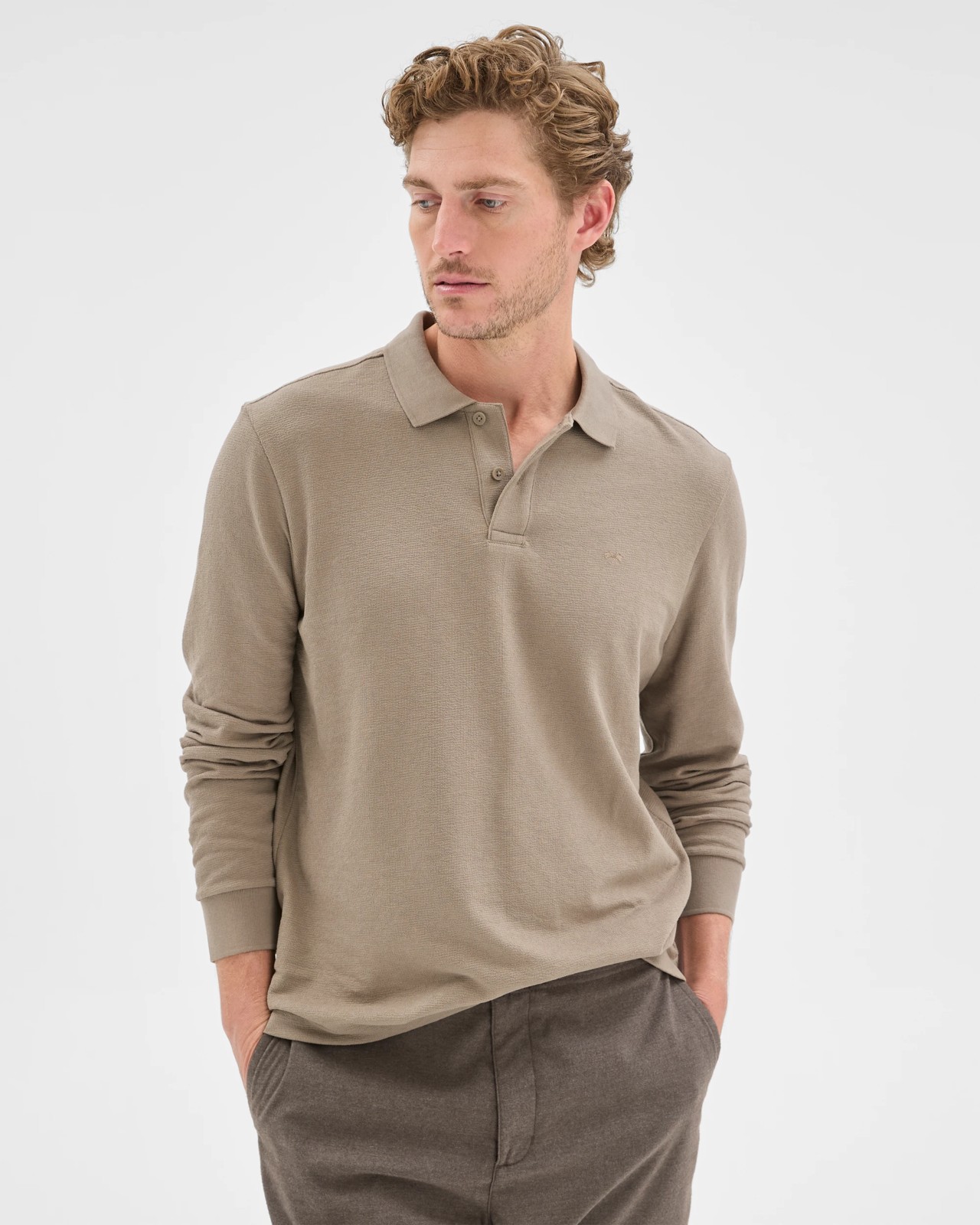 Australian Cotton Blend Boucle Polo Top - Mushroom 2 of 5