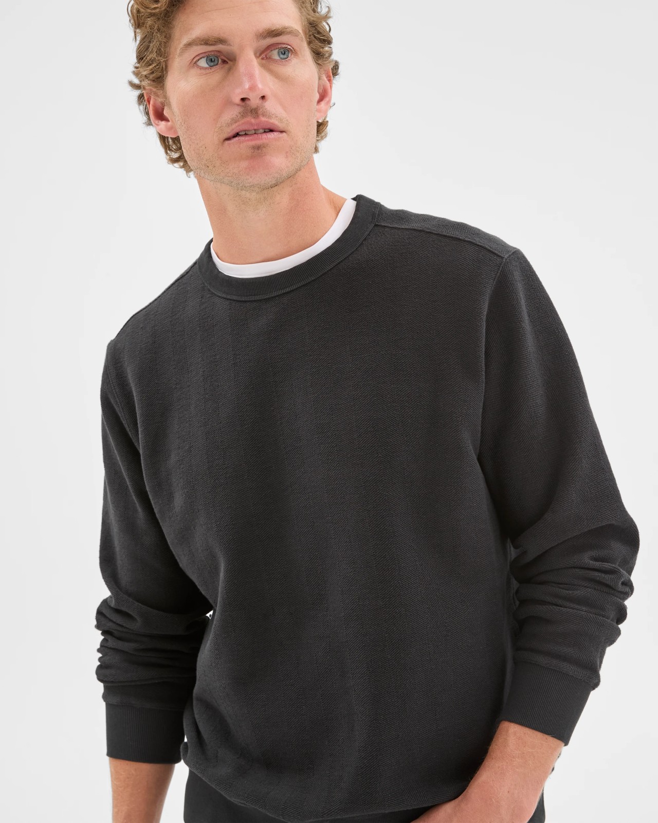 Australian Cotton Herringbone Long Sleeve Crew Neck Fleece Top - Black 6 of 6