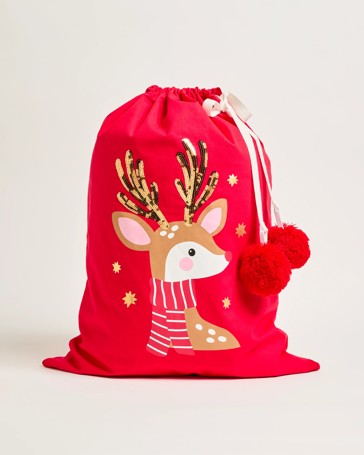 Cotton Sequin Reindeer Christmas Santa Sack