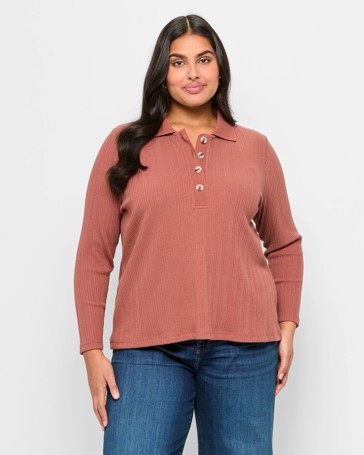 Plus Size Long Sleeve Variegated Rib Polo Top