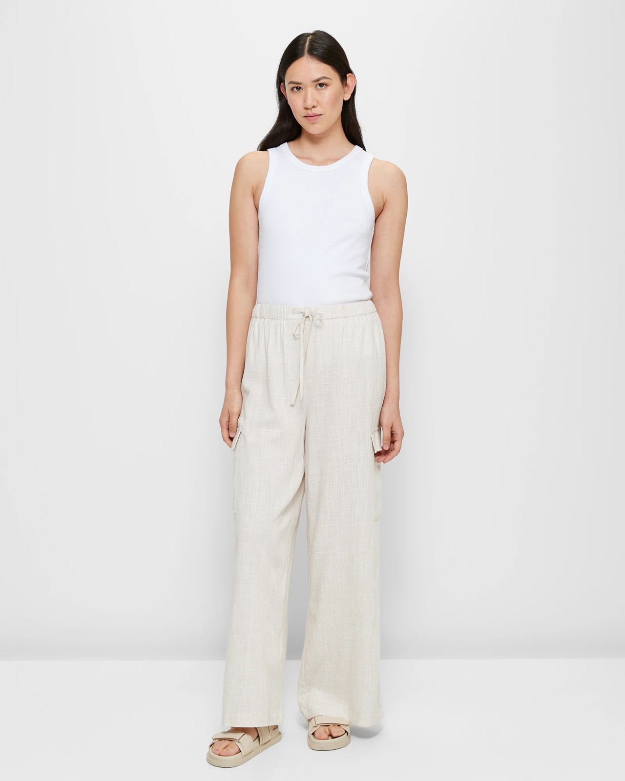 Linen-blend wide-leg cargo pants