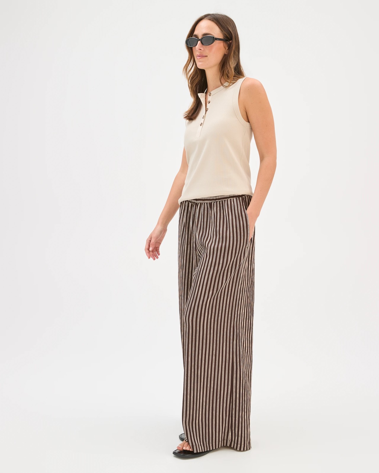 Pull On Textured Wide Leg Pants - Coffee Bean/Black Stripe 2 of 5