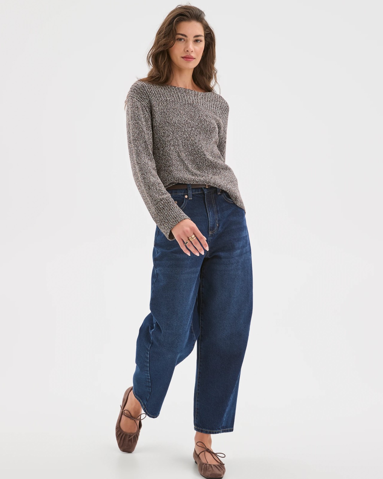 Petites Australian Cotton Blend Rib Trim Ottoman Boat Neck Jumper - Chocolate Plum Twist 3 of 5
