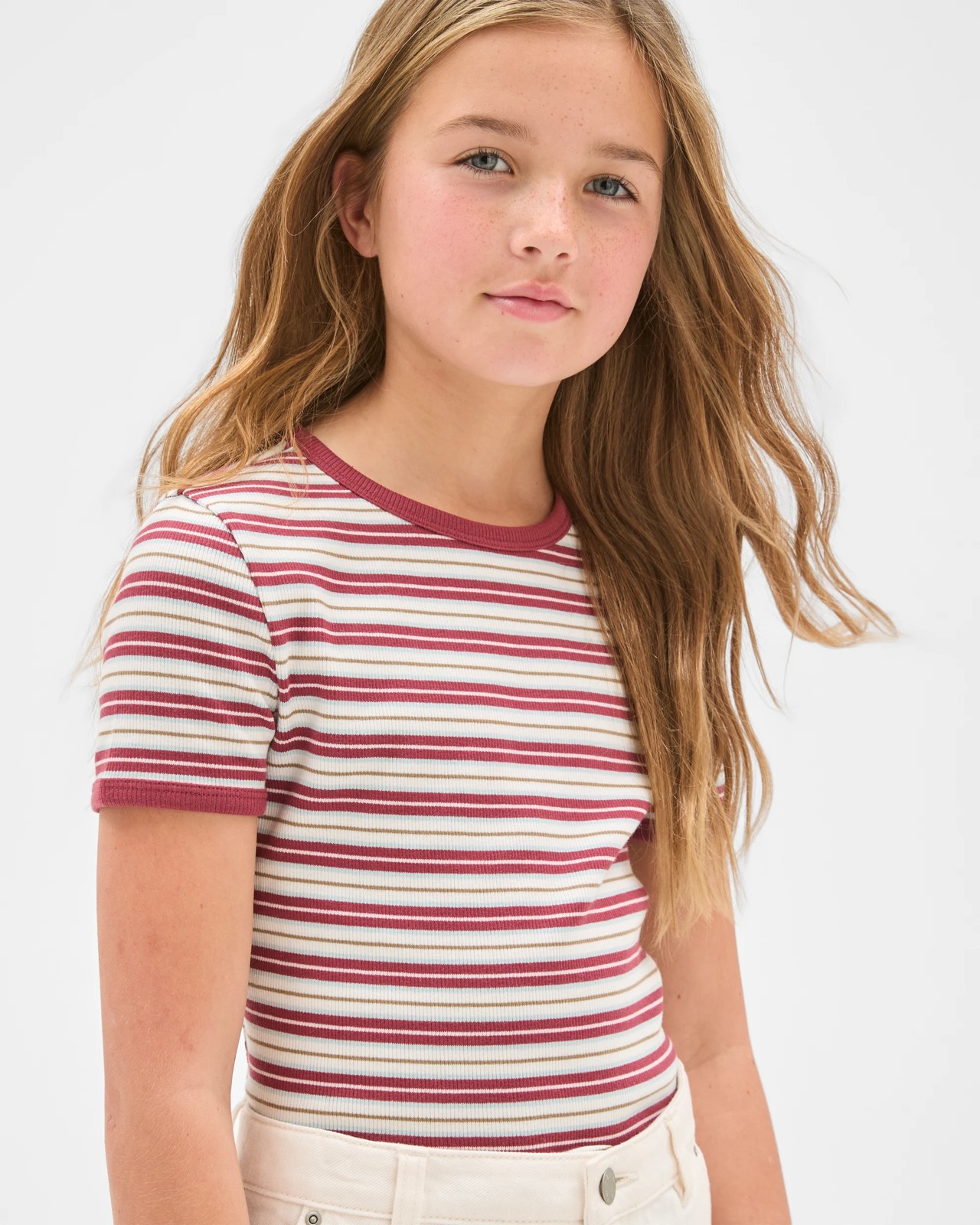 Australian Cotton Ribbed T-Shirt - Stripe Burgundy 4 of 5