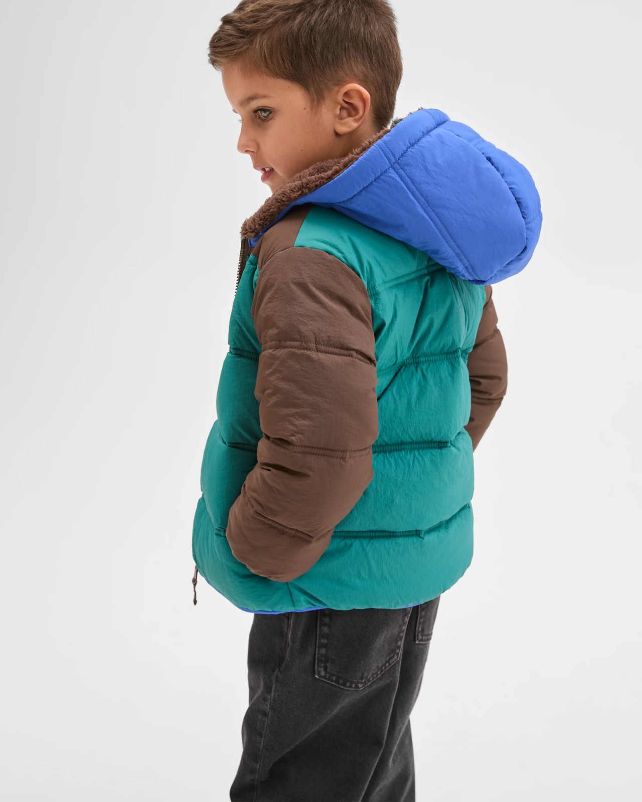 Reversible Hooded Puffer Jacket - Brown/Blue/Green 3 of 5