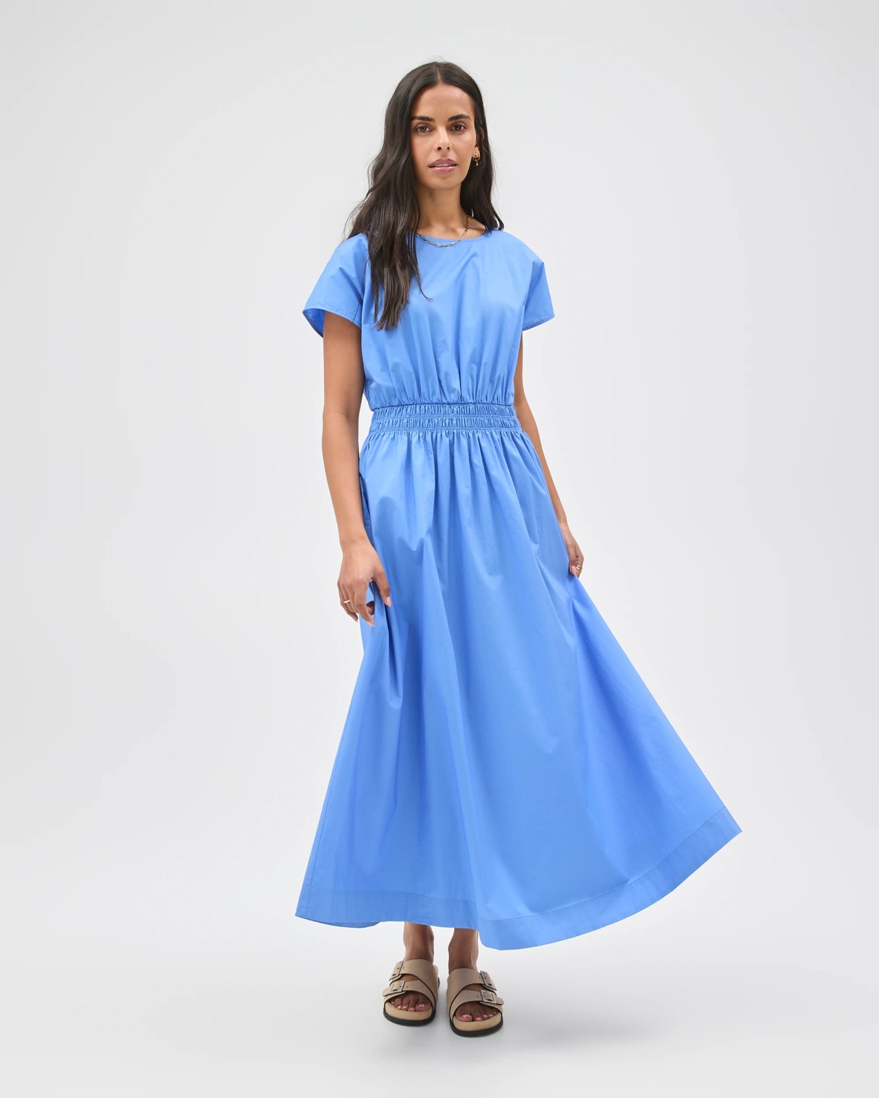 Australian Cotton Poplin Shirred Waist Maxi Dress - Blue Bouquet 2 of 5