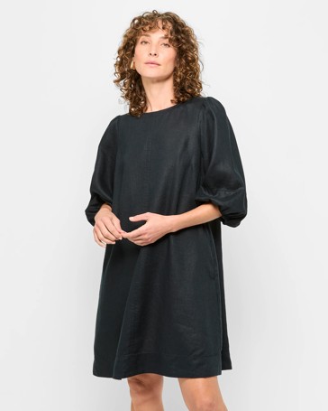 European Linen Puff Sleeve Mini Dress