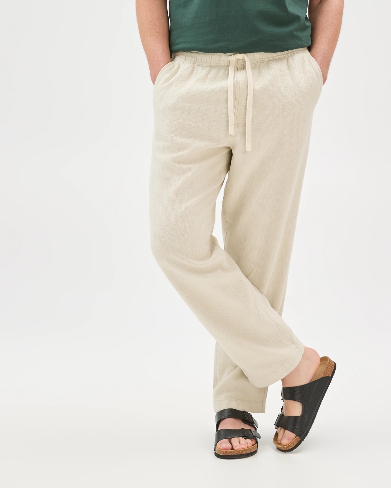 Australian Cotton Elastic Waistband Relaxed Textured Pants - Light Stone 2 of 5