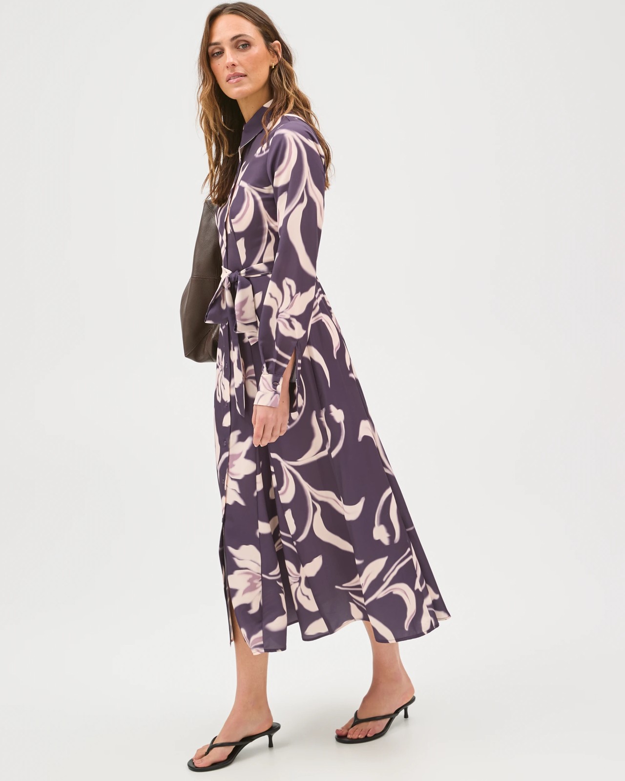 Preview Long Sleeve Godet Detail Midi Shirt Dress - Plum Blur 2 of 5
