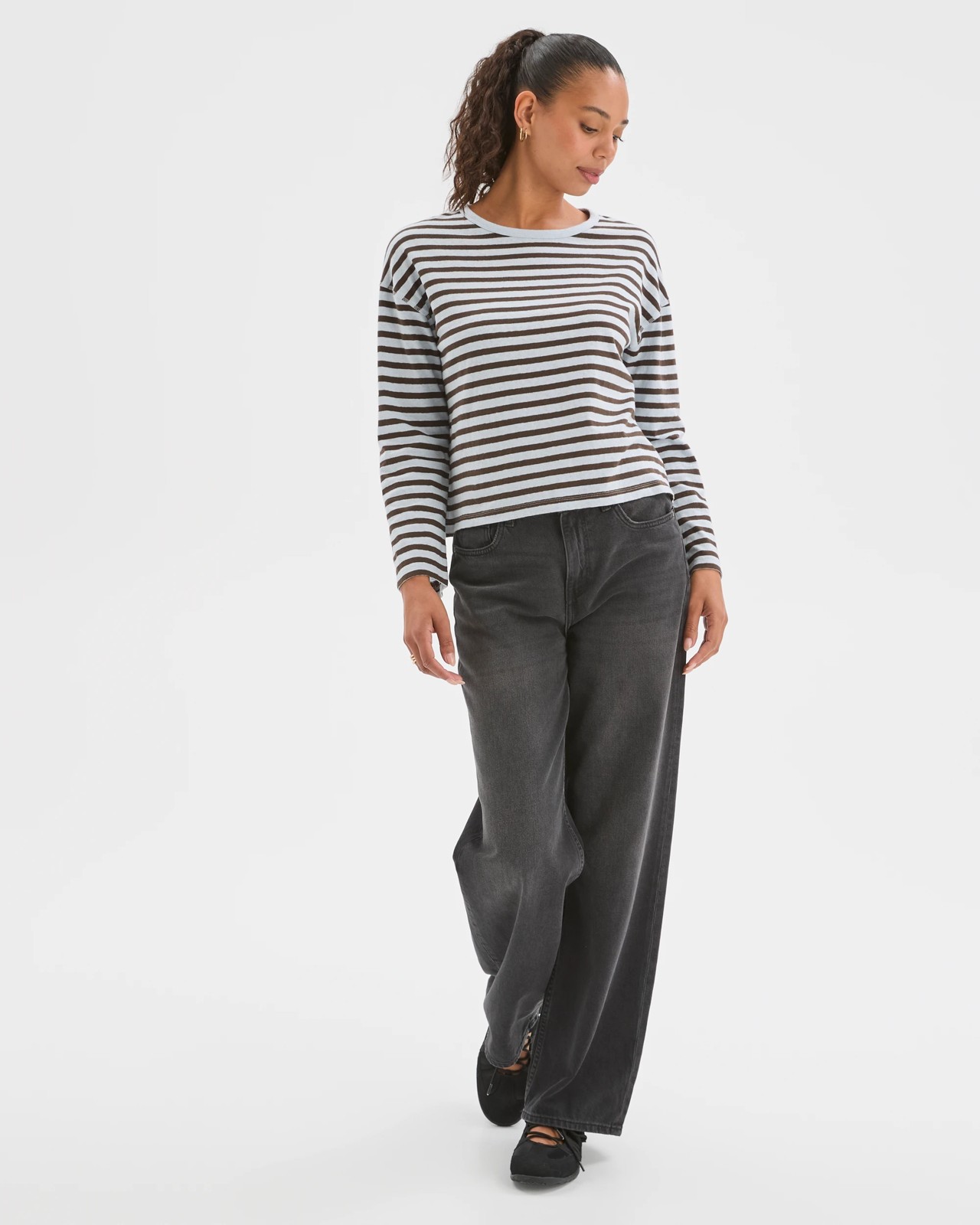 Australian Cotton Long Sleeve Relaxed Slub T-Shirt - Sky Blue/Coffee Bean Stripe 2 of 6