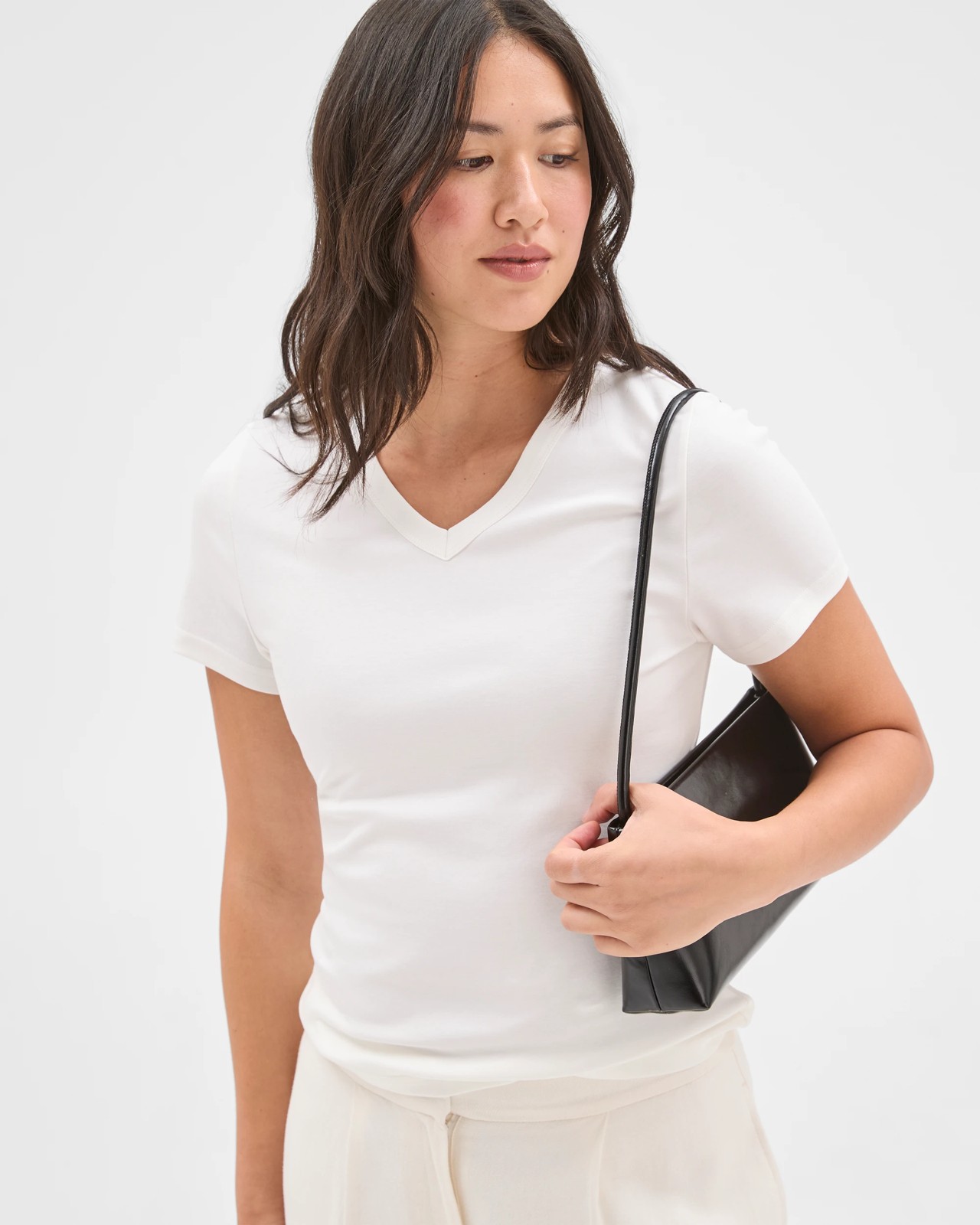 Preview Australian Cotton V-Neck Interlock T-Shirt - Cloud Dancer 3 of 5