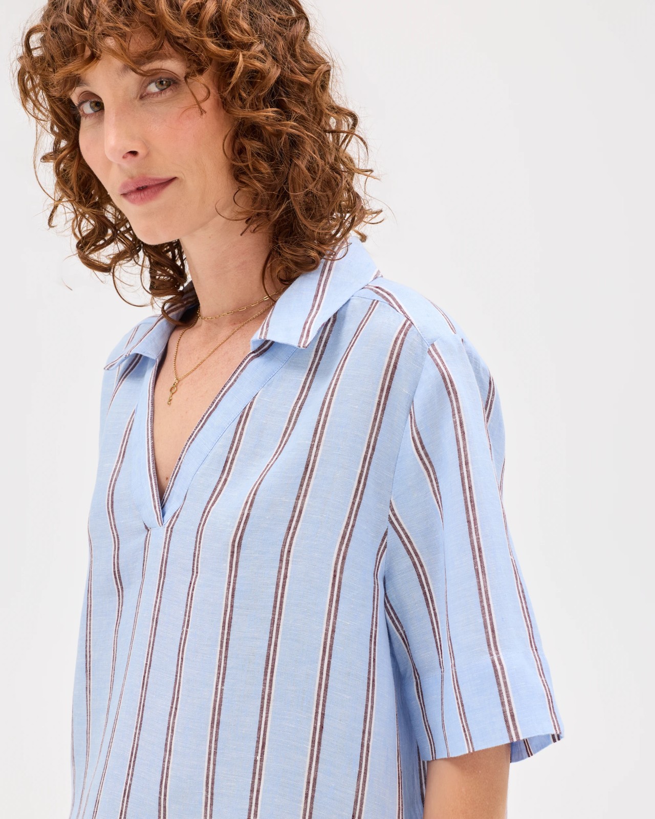 European Linen Short Sleeve A-Line Popover Shirt - Blue / Stripe 5 of 6