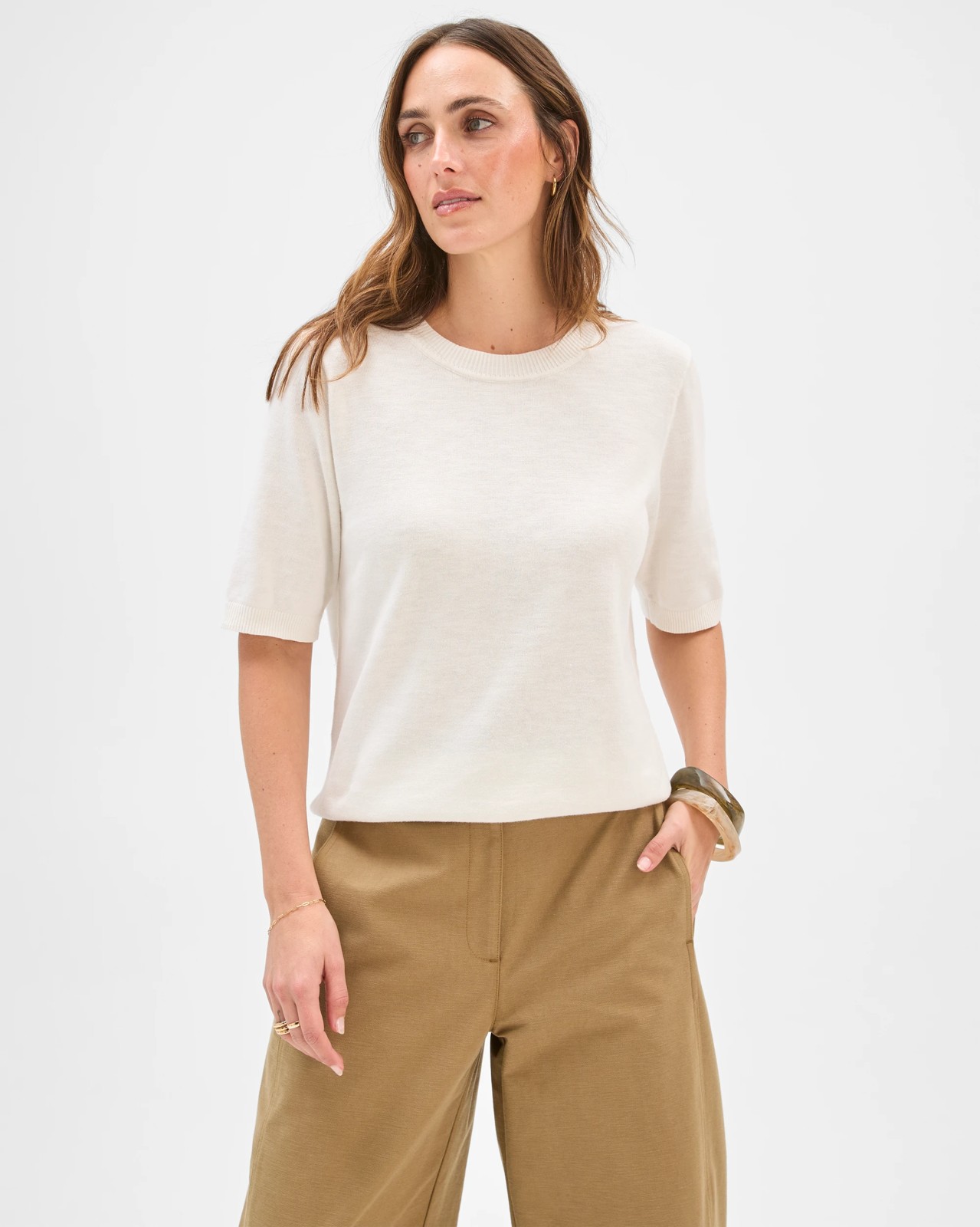 Australian Cotton Blend Knit T-Shirt - Cloud Dancer 2 of 6