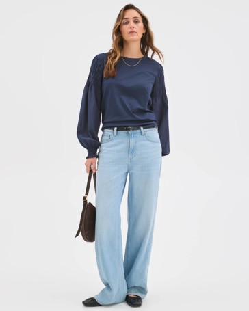 Australian Cotton Long Sleeve Shirred Sleeve Top