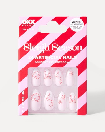 OXX Beauty Sleigh Season 24 Pack Artificial Nails - Almond Shape, French Tip and Candy Cane