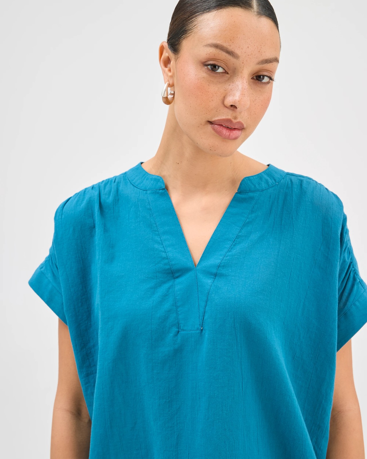 Cotton Collared Popover Blouse - Ocean Storm 3 of 5