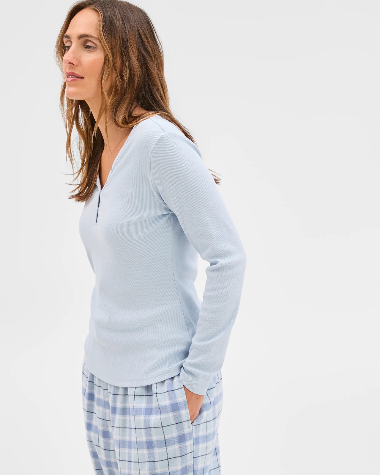 Australian Cotton Blend Henley Soft V-Neck T-Shirt - Blue 3 of 5