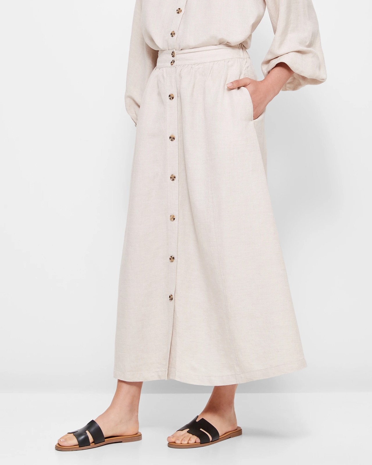 Linen Blend Button Through Midi Skirt - Preview 3 of 5