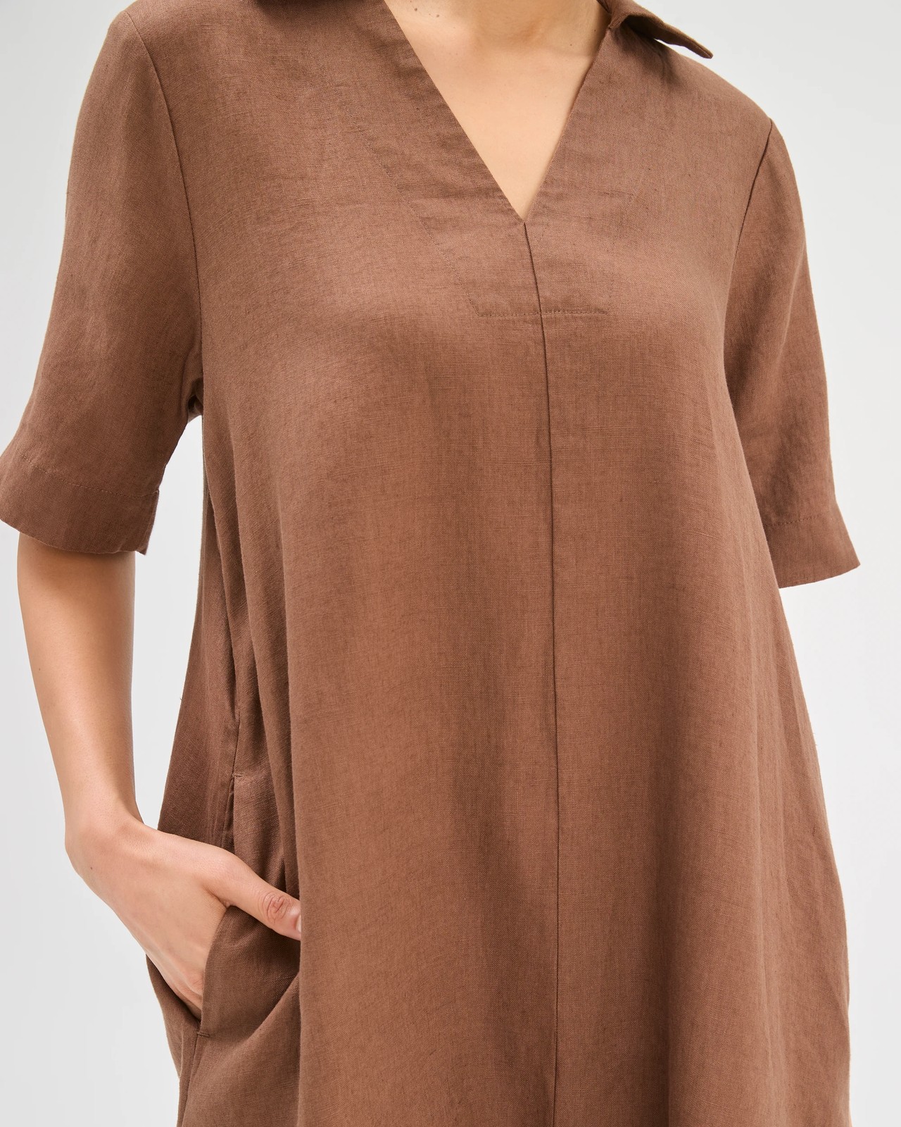 European Linen Short Sleeve Polo Mini Dress - Warm Brown 5 of 5