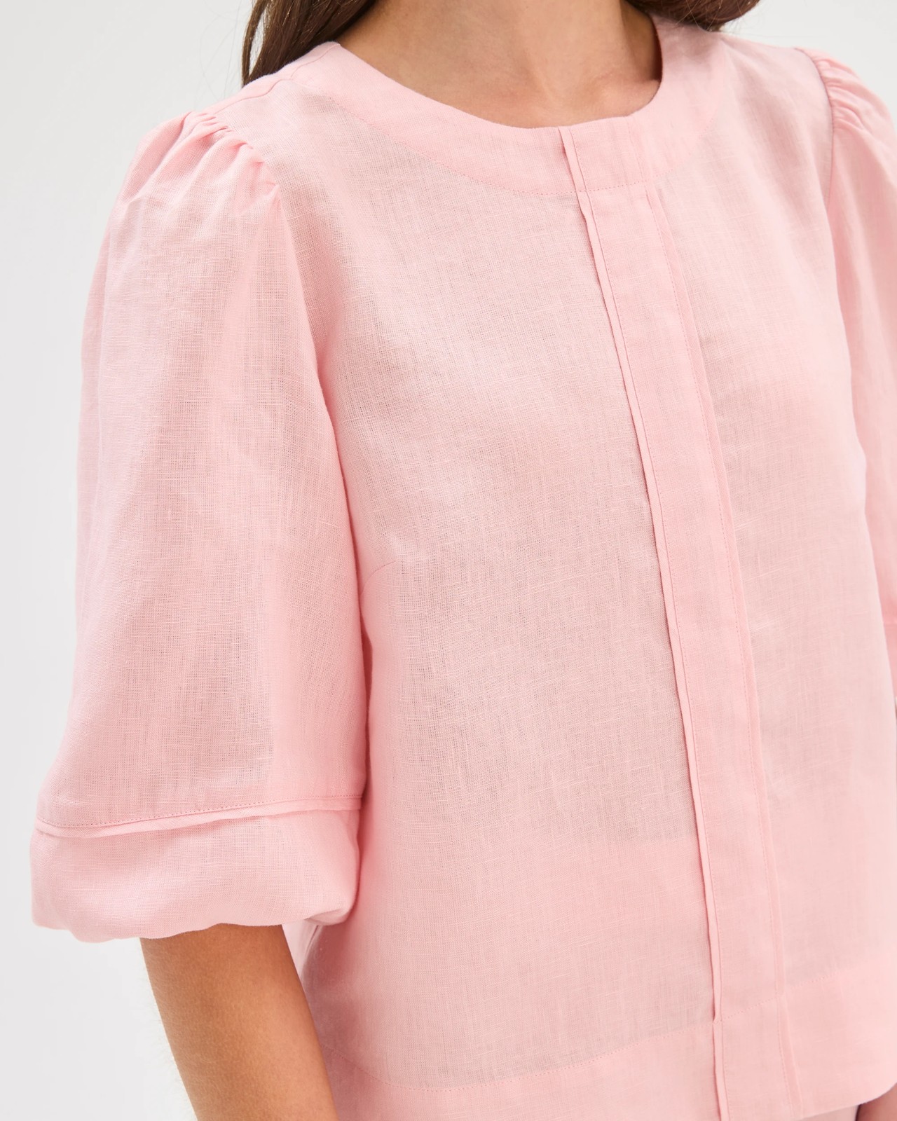 Petites European Linen 3/4 Sleeve Trim Detail Blouse - Pink 4 of 5