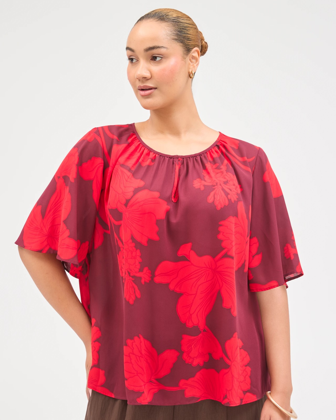 Plus Size Short Flutter Sleeve Ella Blouse - Chocolate Rose Flower 2 of 6