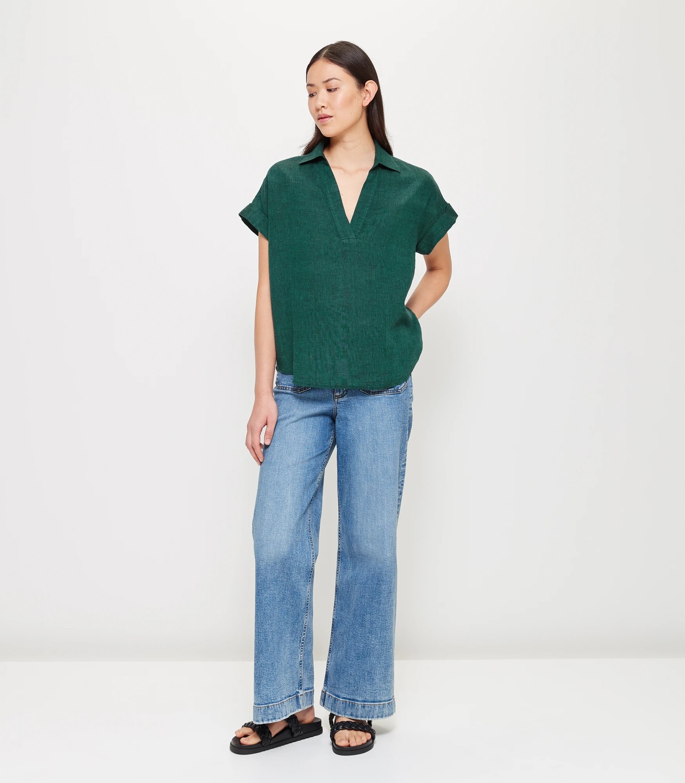 European Linen Roll Cuff Sleeve Blouse 2 of 6