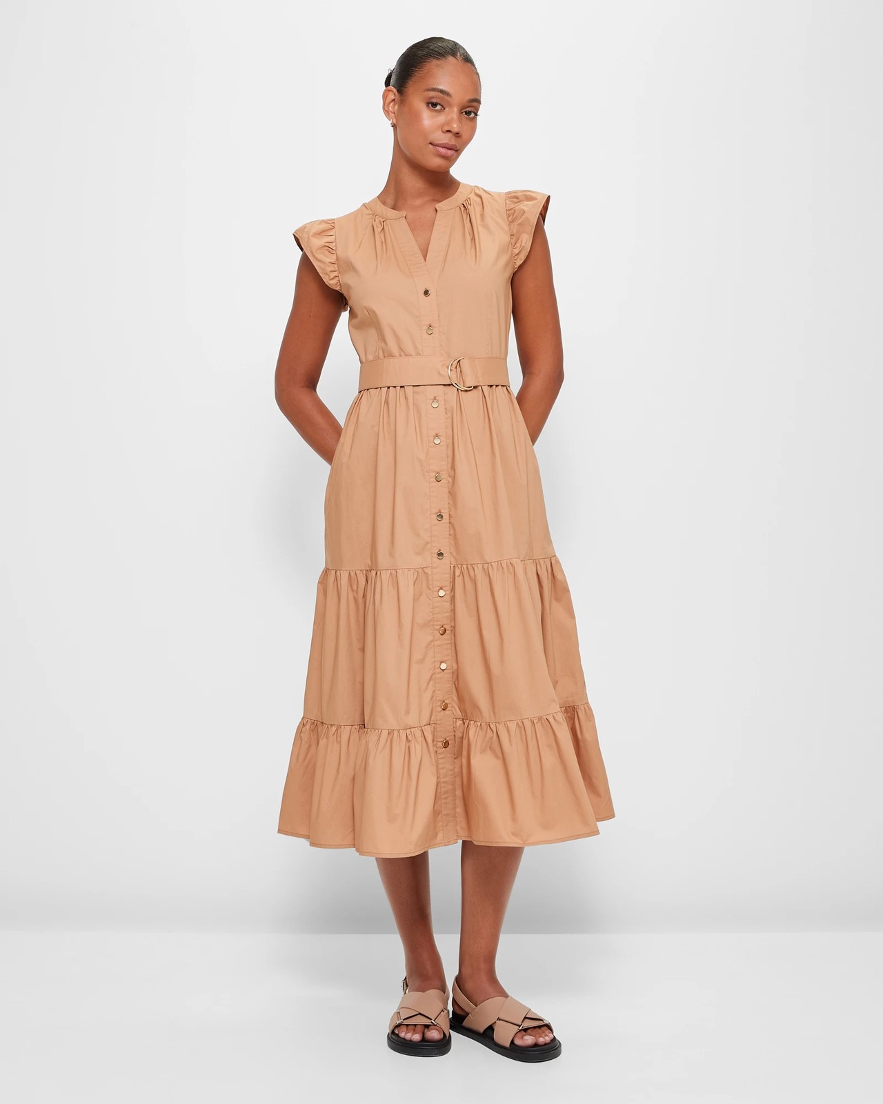 Linen Tiered Midi Shirt Dress