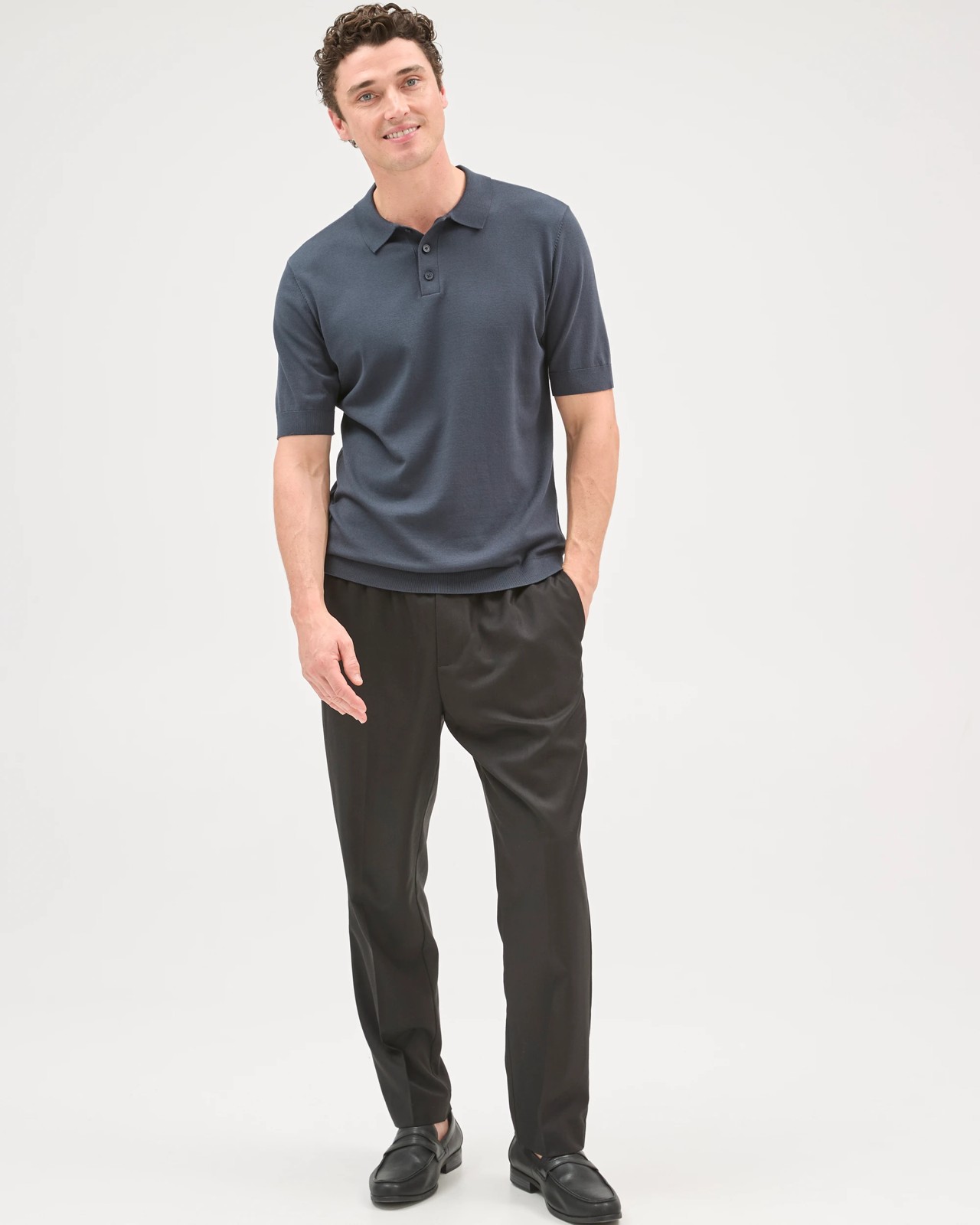 Preview Short Sleeve Knitwear Polo Top - Petrol 2 of 5