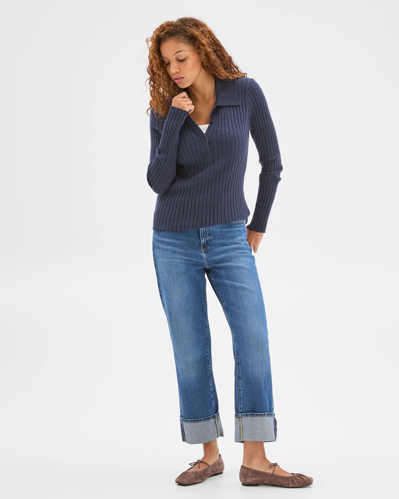 Fine Knit Double Layer Polo Sweater - Navy Marle 2 of 6