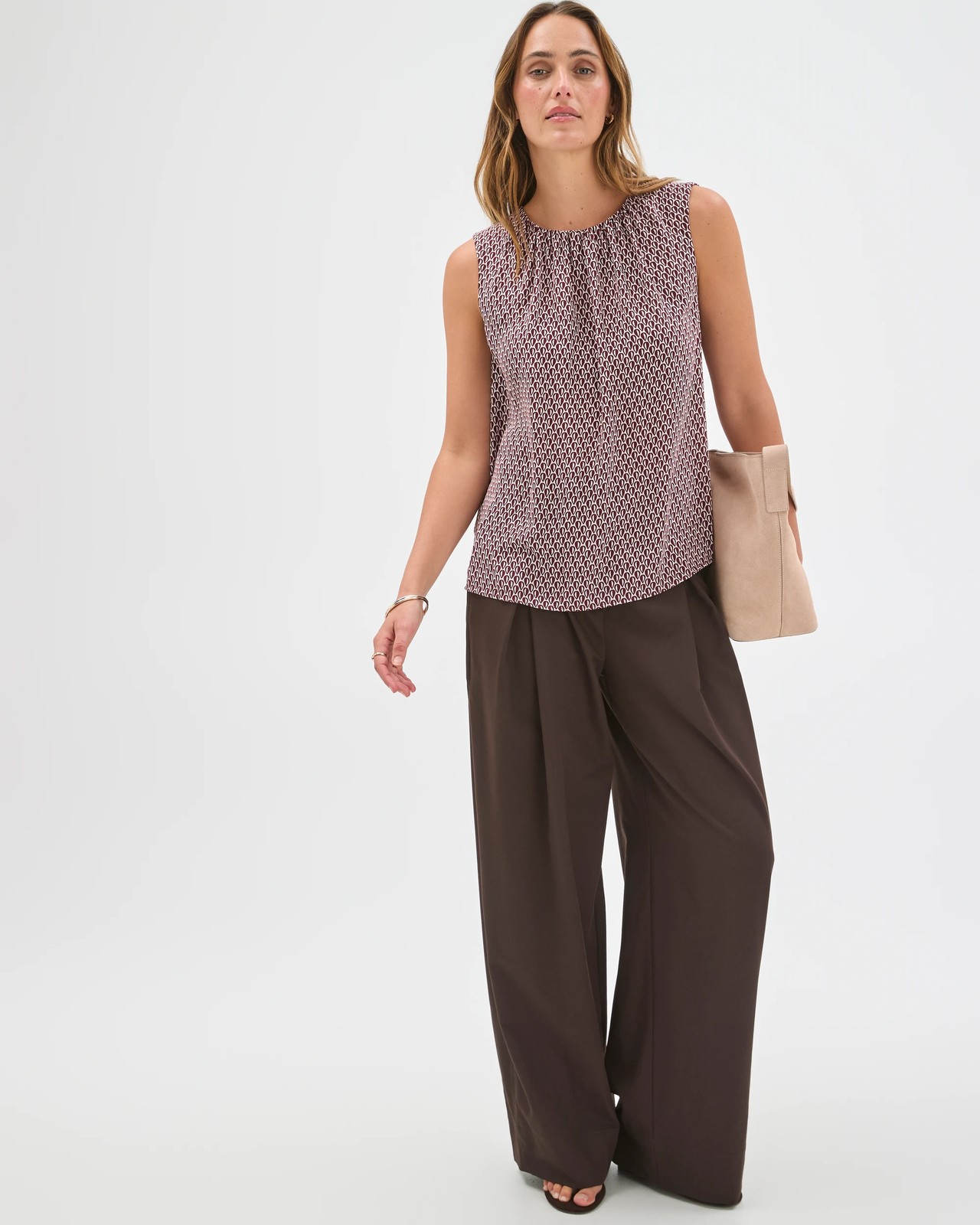 Preview Sleeveless Gathered Neck Blouse - Sangria Geo 5 of 5