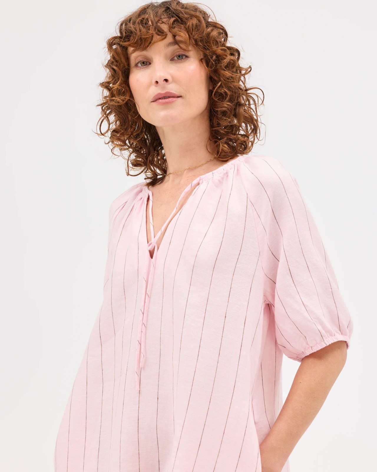 European Linen Mini Femme Dress - Pale Pink Stripe 3 of 6