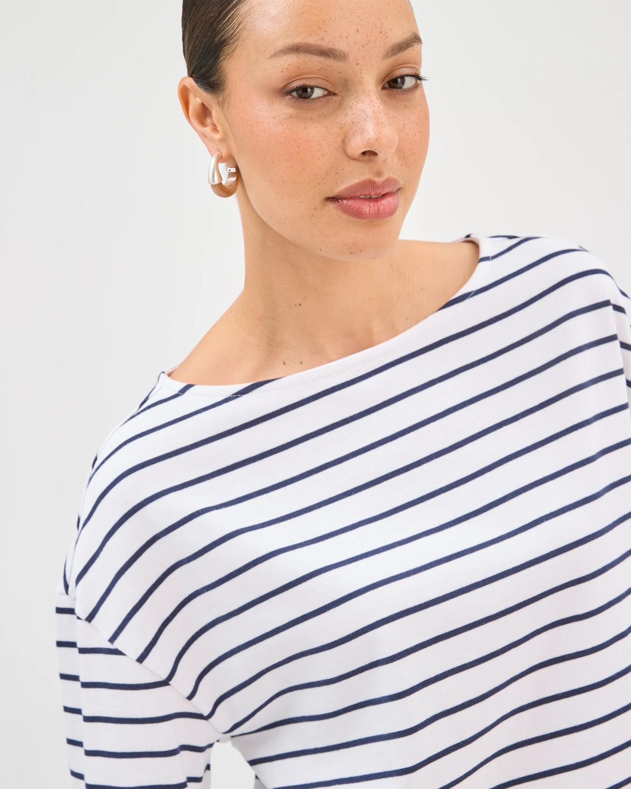 Australian Cotton Boat Neck Boxy T-Shirt - White/Navy Stripe 4 of 5