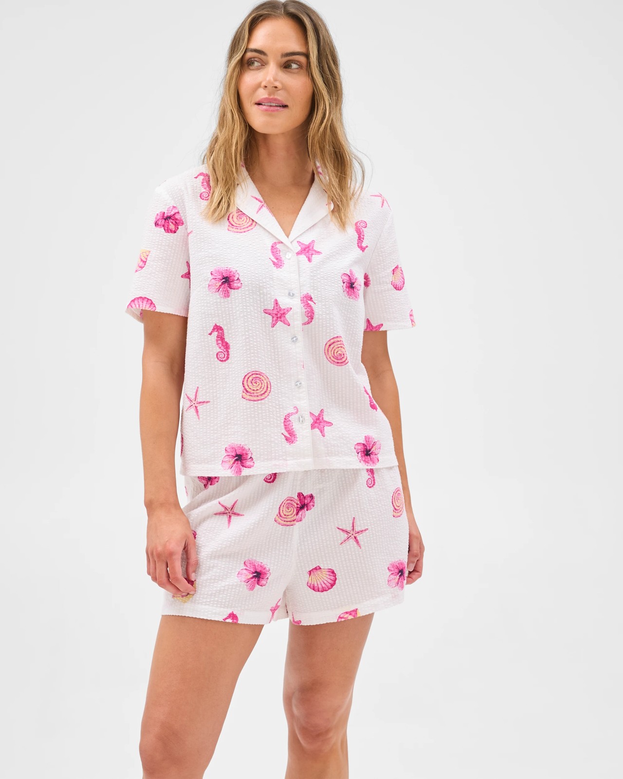 Cotton Seersucker Top & Shorts Pyjama Set - White Shells 2 of 5