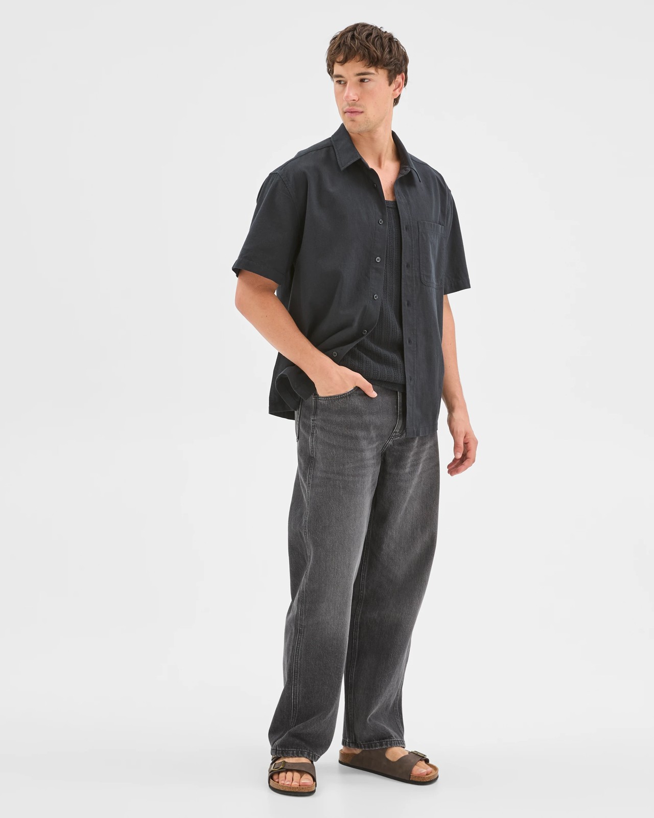 Commons Australian Cotton Plain Textured Boxy Fit Short Sleeve Shirt - Washed Black 5 of 6