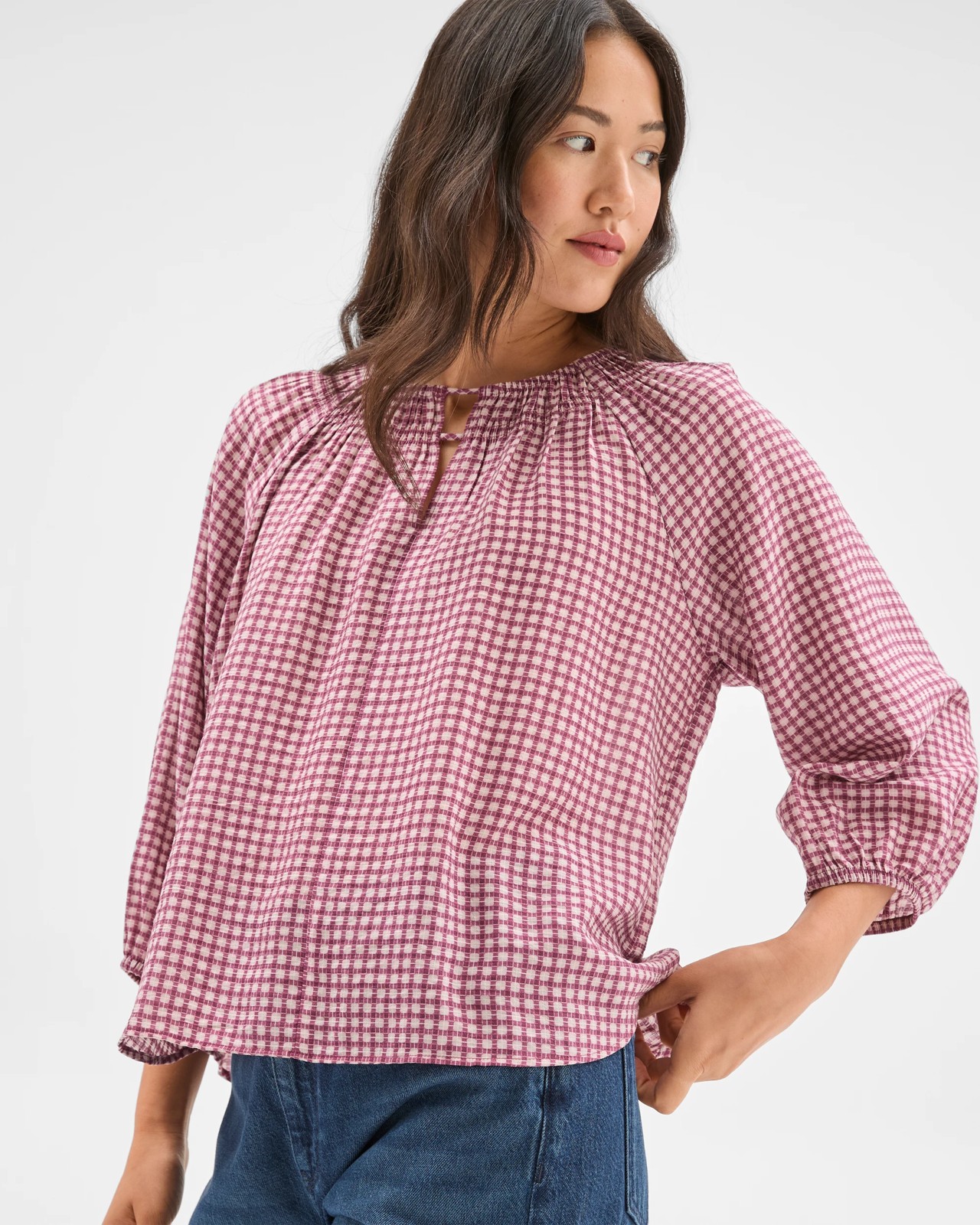 3/4 Sleeve Neck Detail Blouse - Soft Blush Check 4 of 6