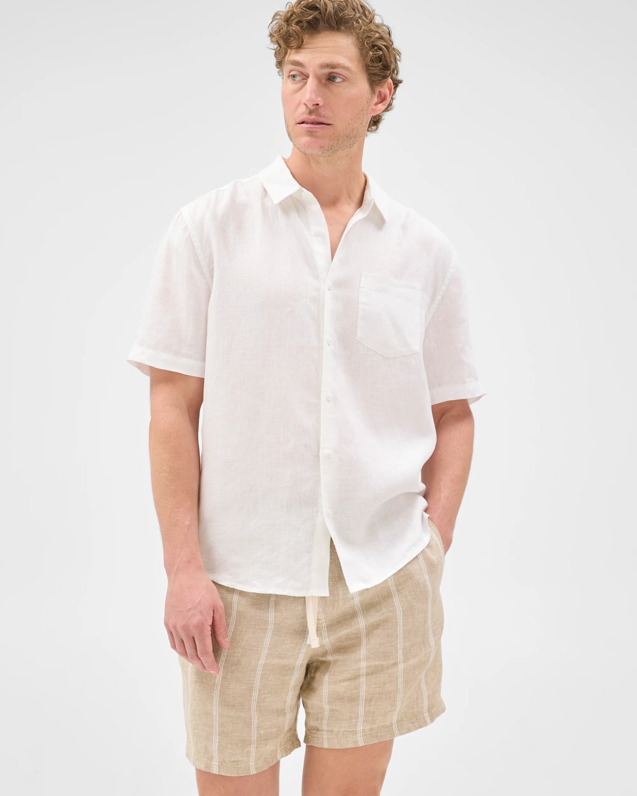 European Linen Elastic Waist Striped Shorts - Stone 2 of 6