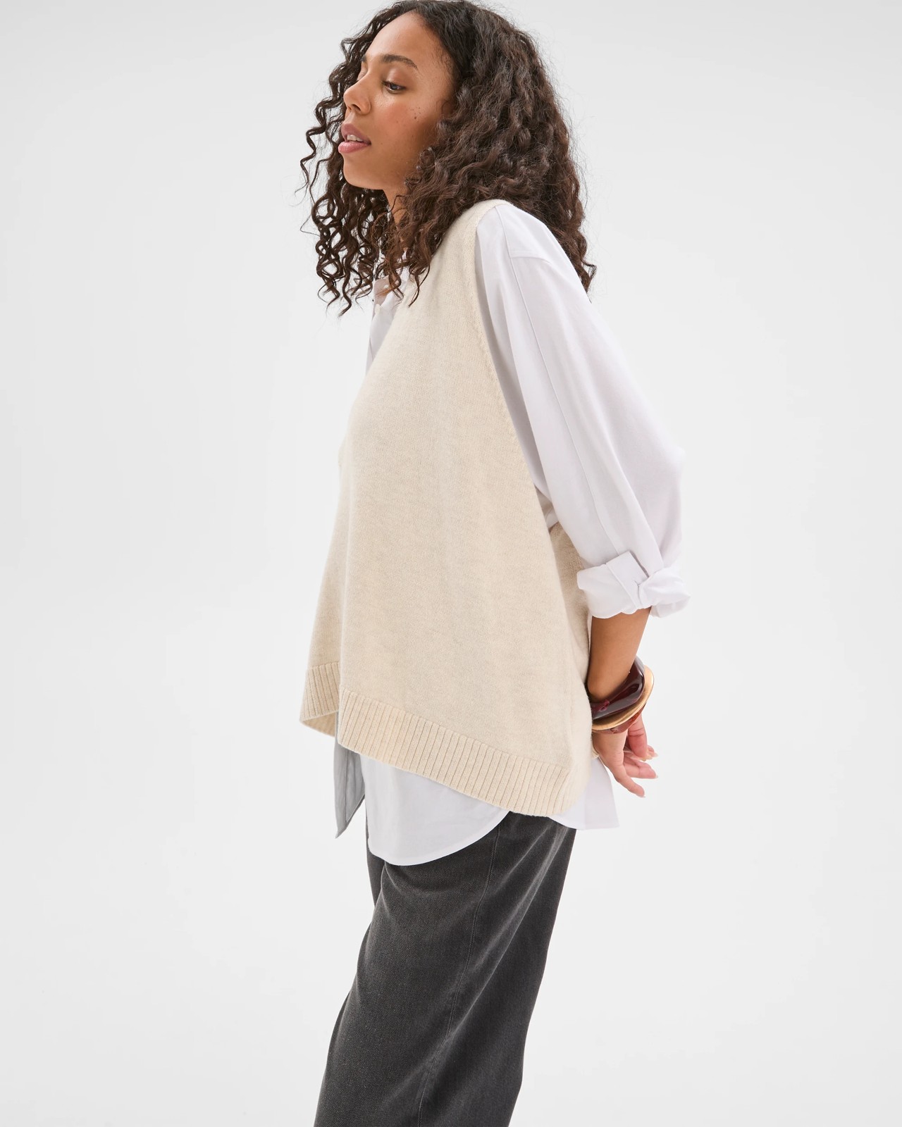 Australian Cotton Blend Deep V-Neck Oversized Knit Vest - Cream Marle 5 of 5